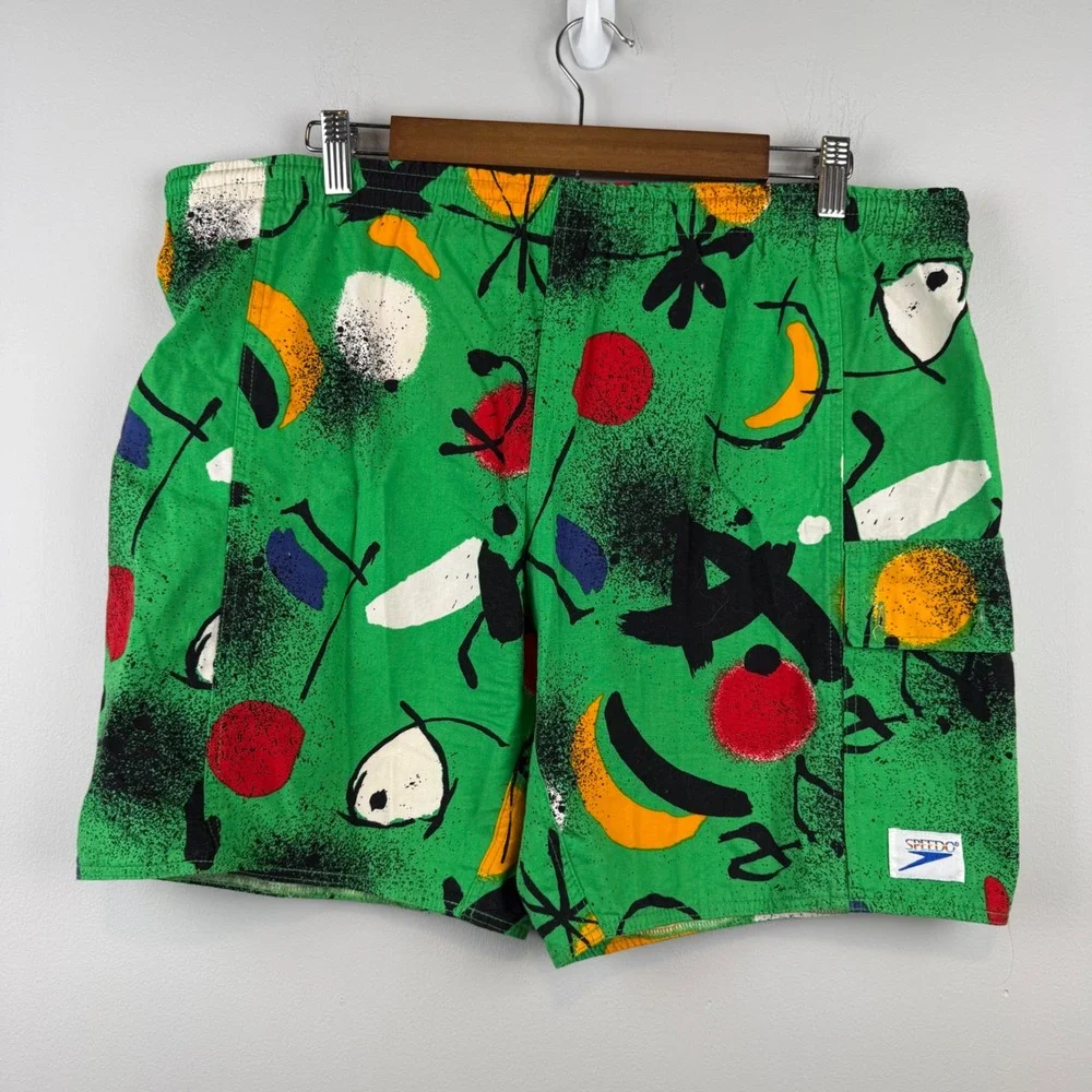 VTG Speedo Green Abstract Print Swim Trunks Mens XL Cargo Pocket Funky Pop Art